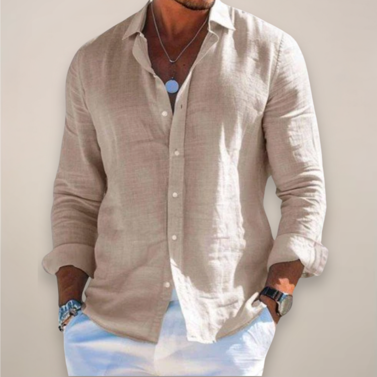 Nisyros | Men’s Linen Long Sleeve Shirt Khaki
