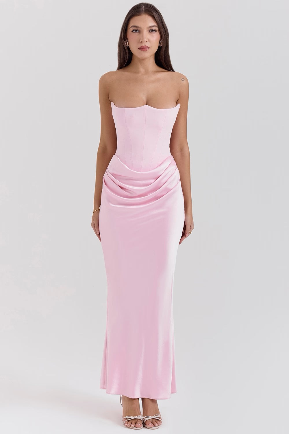 Women's Strapless Corset Maxi Dress Baby Pink