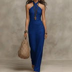 Eva | Elegant and Airy Linen Maxi Dress with Halter Neck Navy Blue