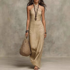 Eva | Elegant and Airy Linen Maxi Dress with Halter Neck Khaki