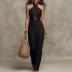 Eva | Elegant and Airy Linen Maxi Dress with Halter Neck Black