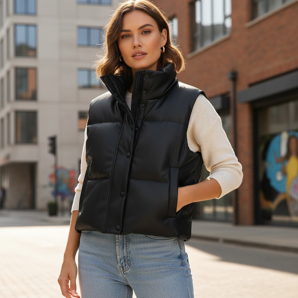 Women's Modern Sleeveless Puffer Vest with Buttons and Stand-up collar | with pockets