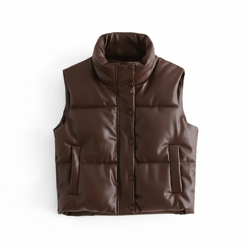 Women's Modern Sleeveless Puffer Vest with Buttons and Stand-up collar | with pockets
