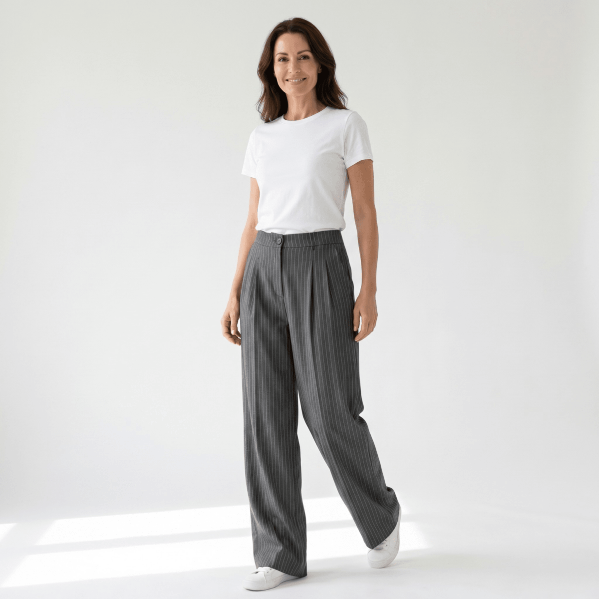 Pinstripe Business Trousers with Pleated Waist, Wide Leg for Women