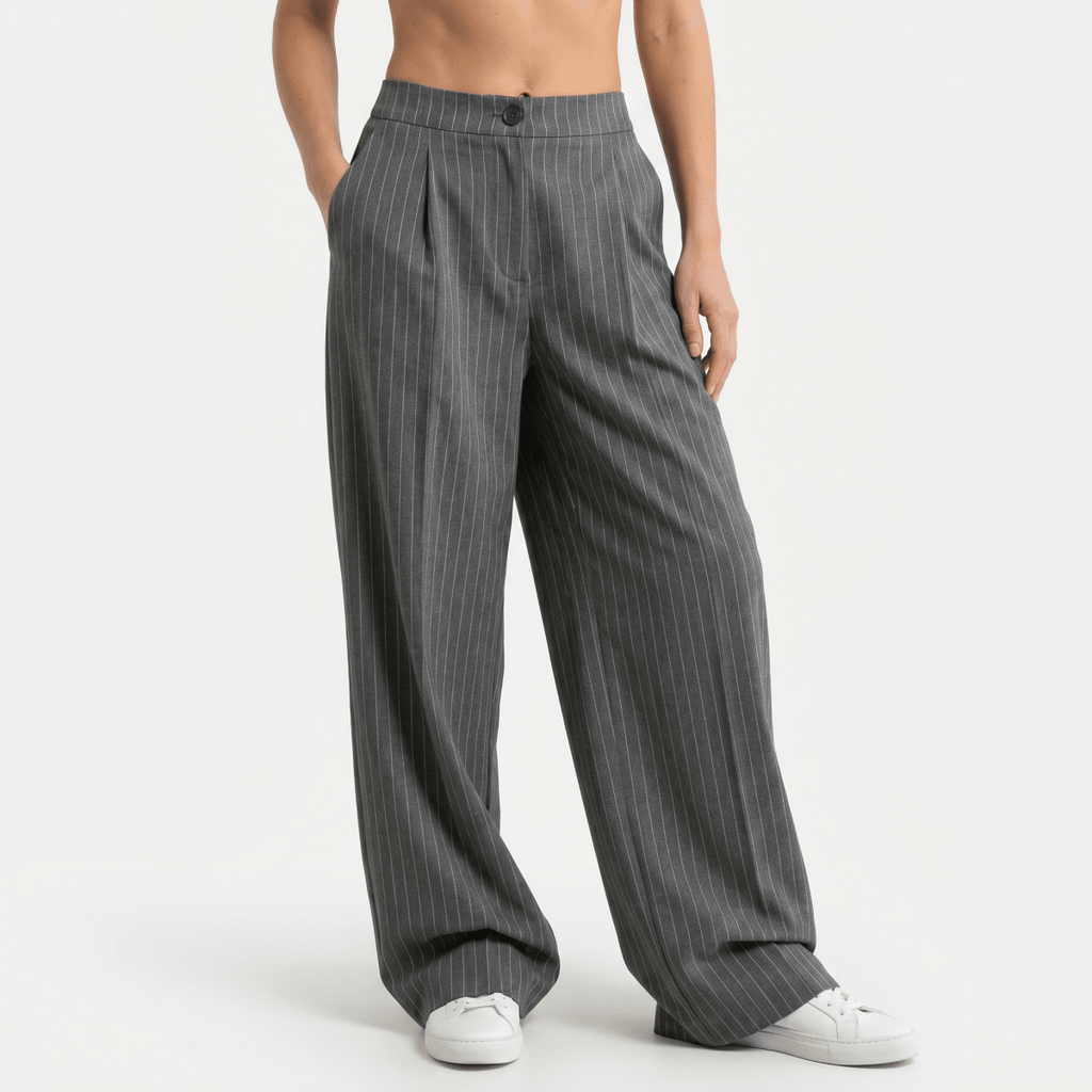 Pinstripe Business Trousers with Pleated Waist, Wide Leg for Women