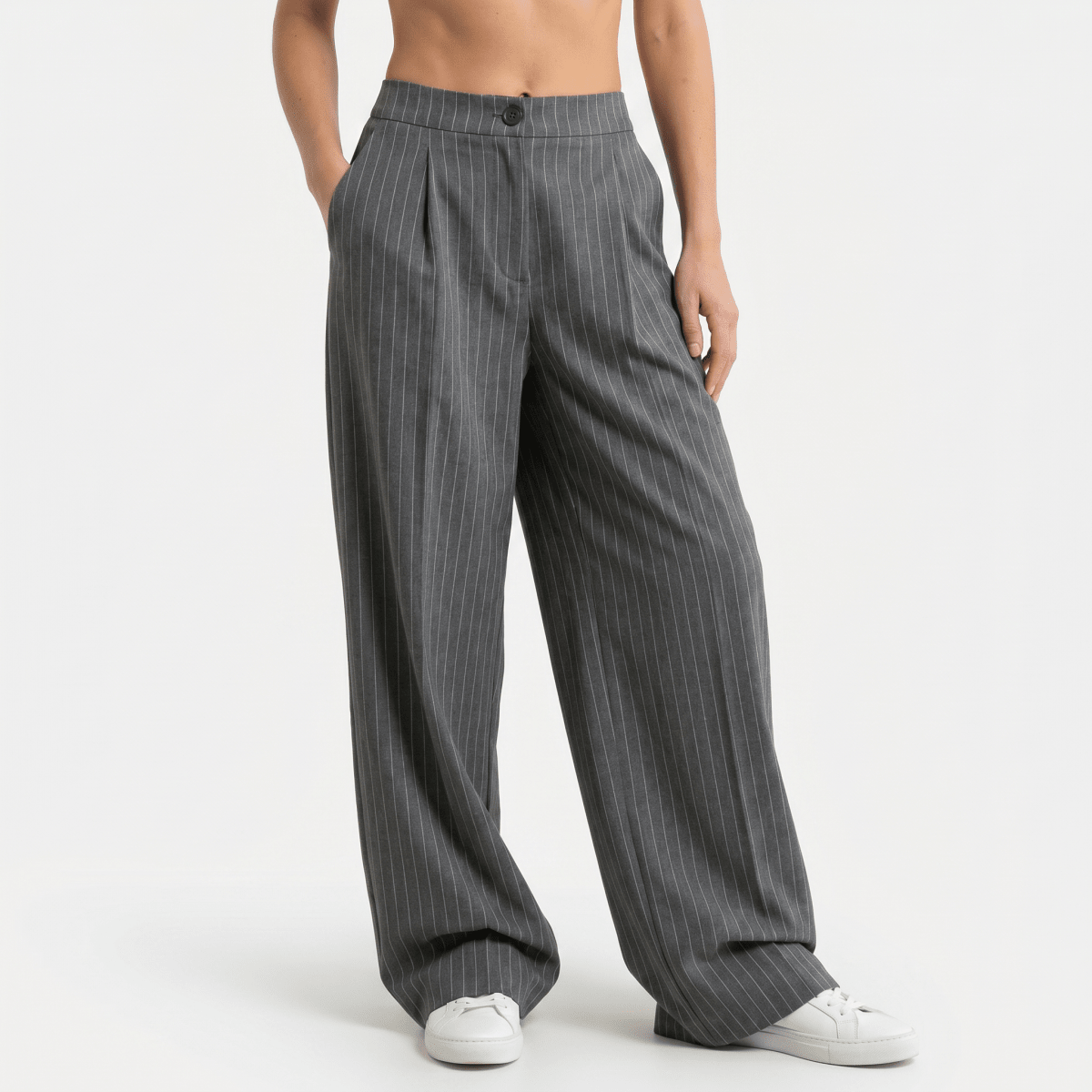 Pinstripe Business Trousers with Pleated Waist, Wide Leg for Women