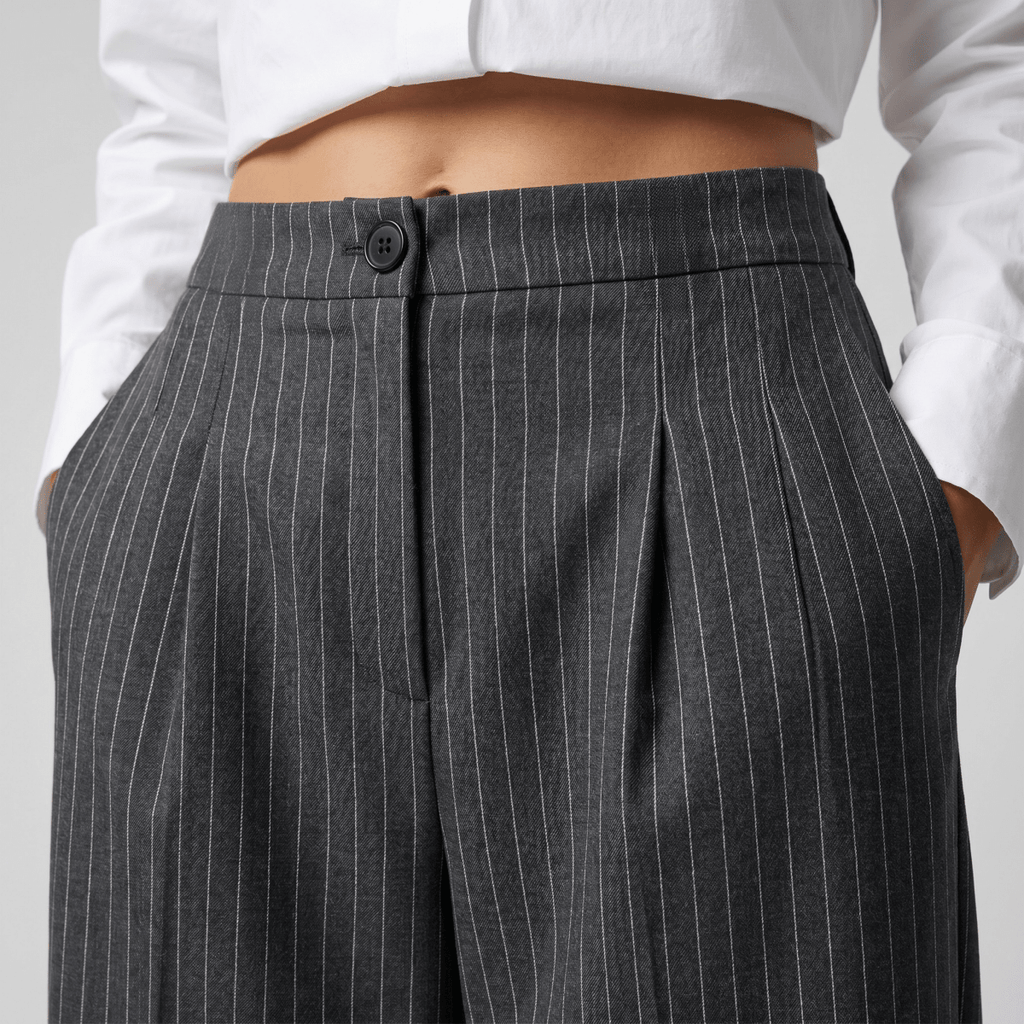 Pinstripe Business Trousers with Pleated Waist, Wide Leg for Women