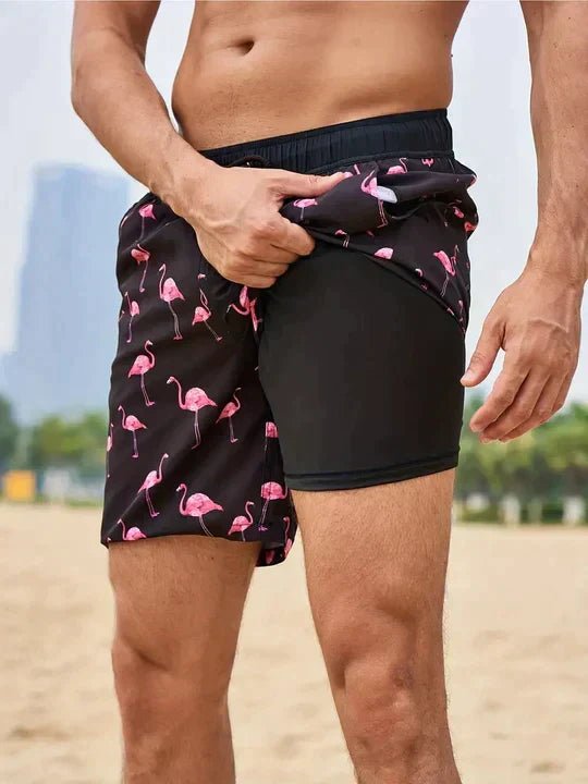 Noah | Men's Swim Trunks Beach Double Layer Compression Quick-Dry Black Flamingo