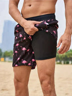Noah | Men's Swim Trunks Beach Double Layer Compression Quick-Dry Black Flamingo
