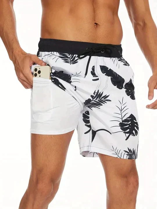 Noah | Men's Swim Trunks Beach Double Layer Compression Quick-Dry Monochrome Flowers
