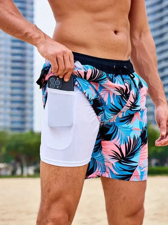 Noah | Men's Swim Trunks Beach Double Layer Compression Quick-Dry Blooming Orchid
