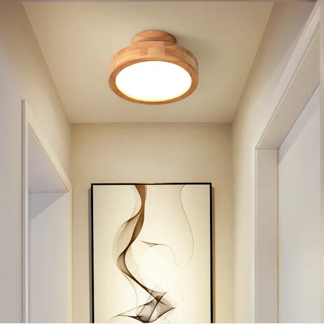 Round Wooden Scandinavian Ceiling Lamp – Solid Wood LED Flush Mount Ceiling Light, Warm or Cool White – NordicLuxe