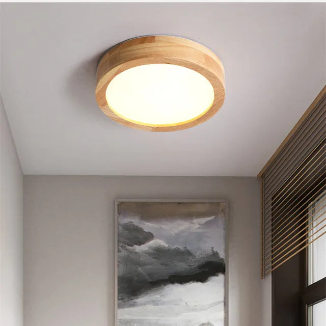 Round Wooden Scandinavian Ceiling Lamp – Solid Wood LED Flush Mount Ceiling Light, Warm or Cool White – NordicLuxe