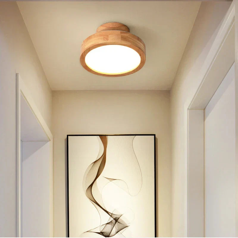 Round Wooden Scandinavian Ceiling Lamp – Solid Wood LED Flush Mount Ceiling Light, Warm or Cool White – NordicLuxe