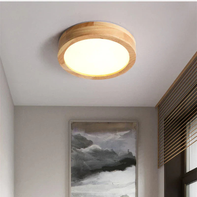 Round Wooden Scandinavian Ceiling Lamp – Solid Wood LED Flush Mount Ceiling Light, Warm or Cool White – NordicLuxe