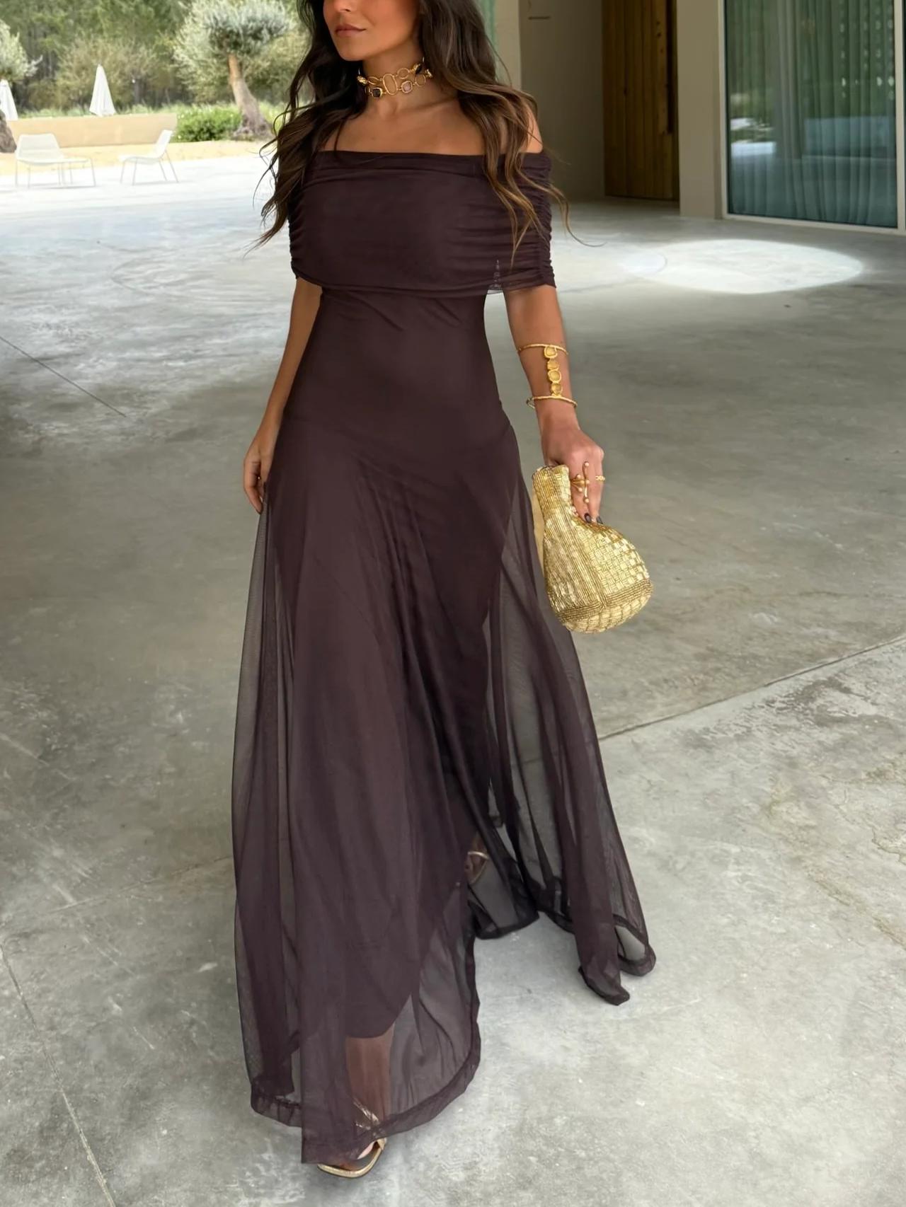Brown Women's Off-Shoulder Chiffon Maxi dress displayed elegantly.