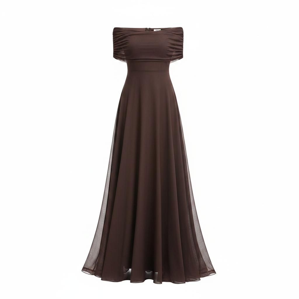 Women's Off-Shoulder Chiffon Maxi in Brown with sculpted neckline.