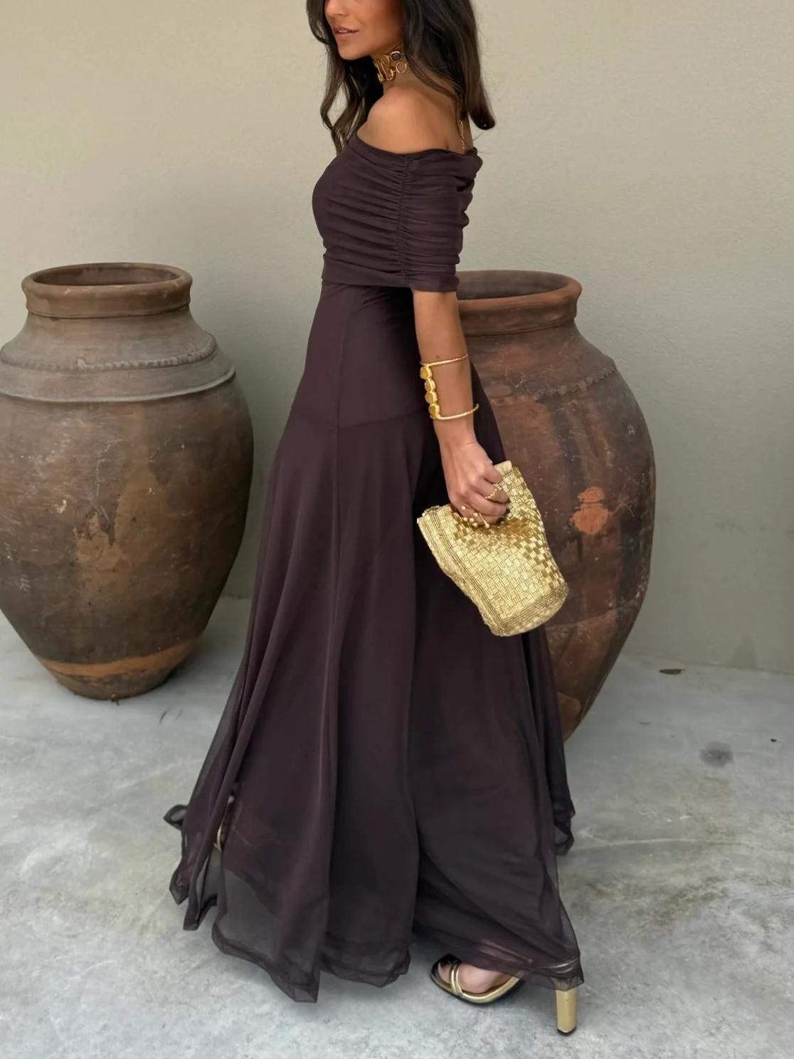 Side view of Women's Off-Shoulder Chiffon Maxi in Brown.