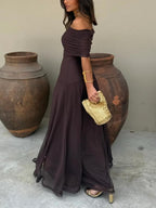 Vanity | Women’s Off-Shoulder Chiffon Maxi Dress – Chic Flowing Tier & Refined Ethereal Silhouette