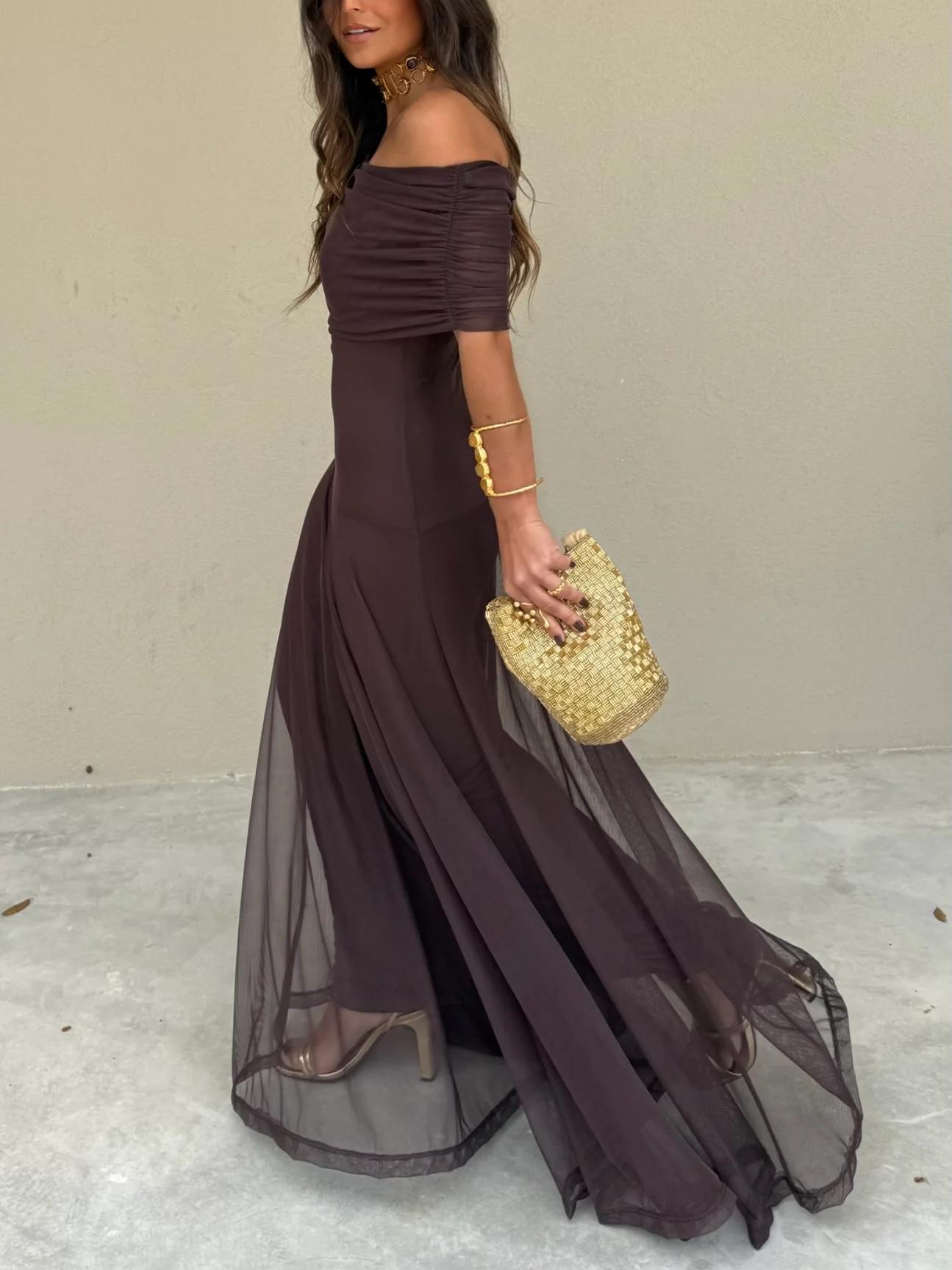 Back view of Brown Women's Off-Shoulder Chiffon Maxi dress.