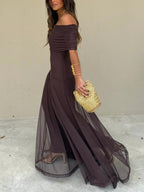 Vanity | Women’s Off-Shoulder Chiffon Maxi Dress – Chic Flowing Tier & Refined Ethereal Silhouette