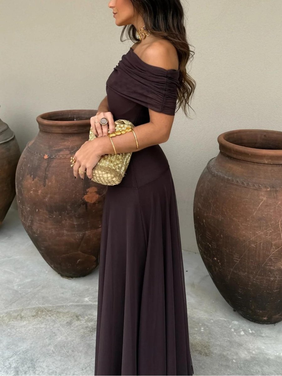 Women's Off-Shoulder Chiffon Maxi – Ethereal Chiffon Weave, Sculpted Neckline & Coastal Evening Majesty