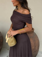 Vanity | Women’s Off-Shoulder Chiffon Maxi Dress – Chic Flowing Tier & Refined Ethereal Silhouette