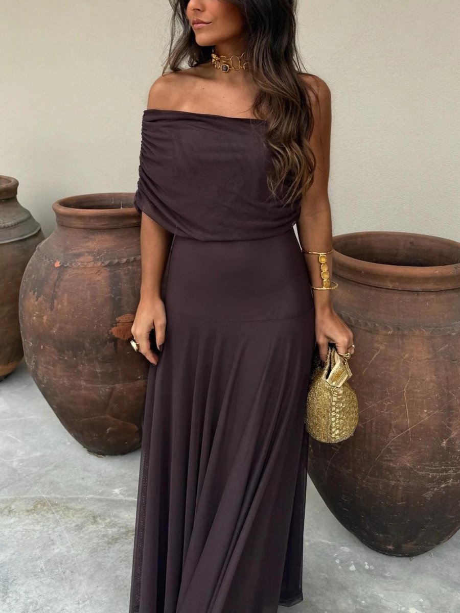 Women's Off-Shoulder Chiffon Maxi – Ethereal Chiffon Weave, Sculpted Neckline & Coastal Evening Majesty