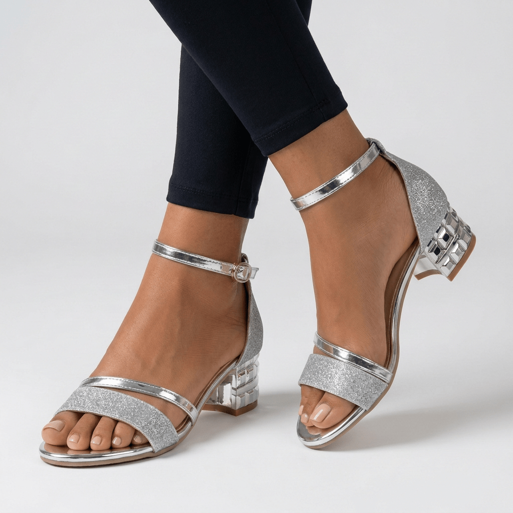 Orthopedic Open-Toe Sandals with Glitter-Textured Straps and Low Block Heel 1