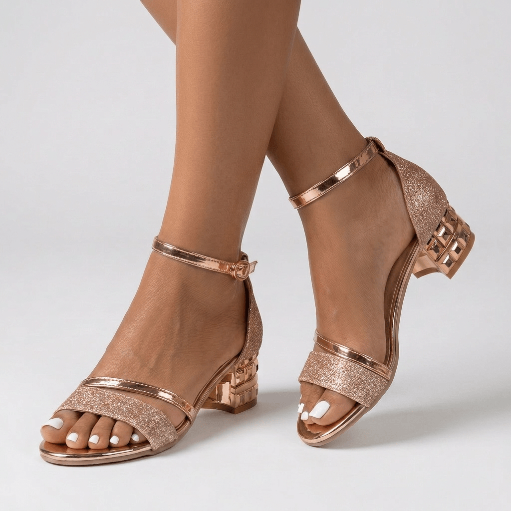 Orthopedic Open-Toe Sandals with Glitter-Textured Straps and Low Block Heel 3