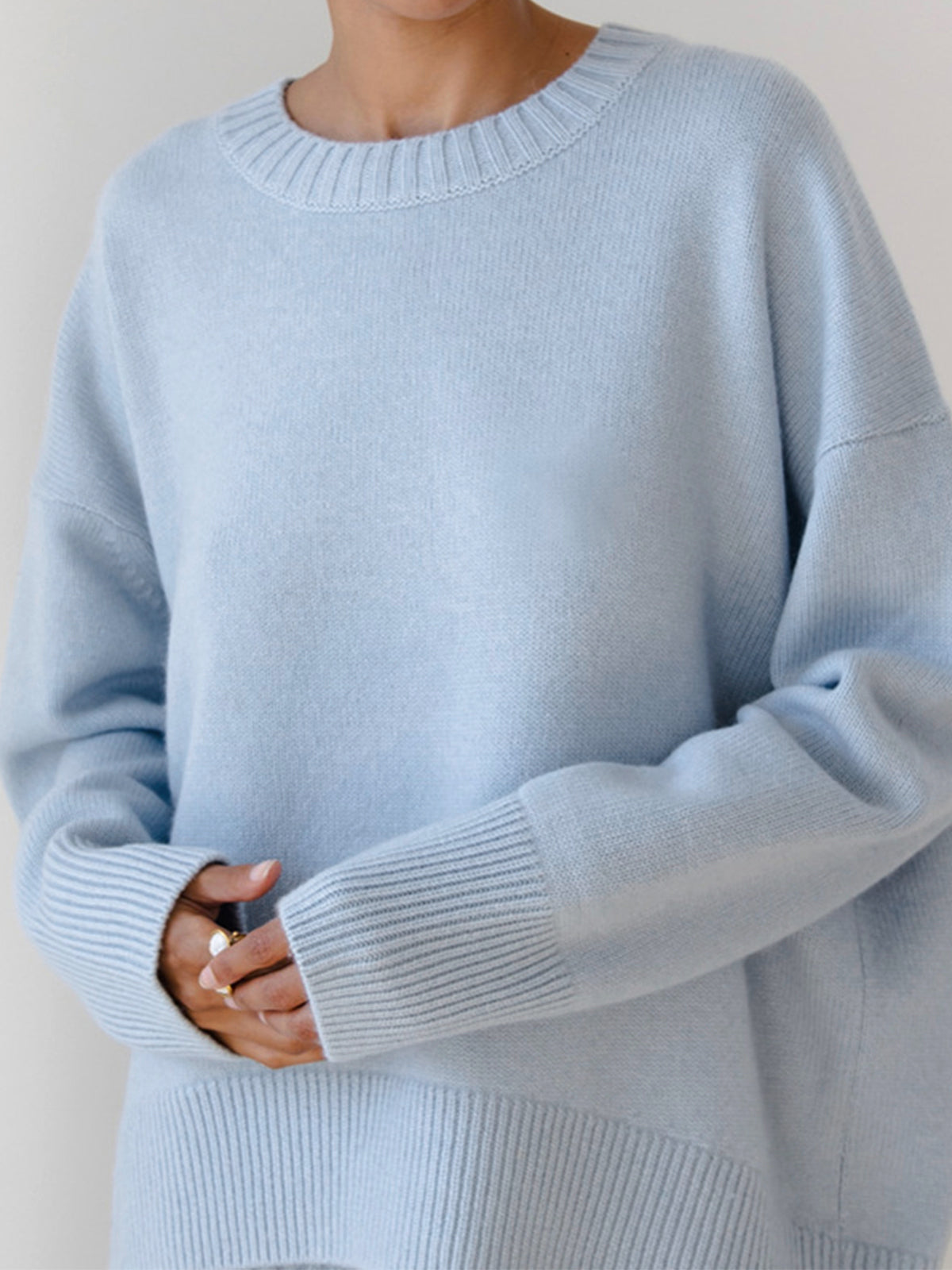 Women's Oversized Crewneck Knit Sweater in Light Blue color.