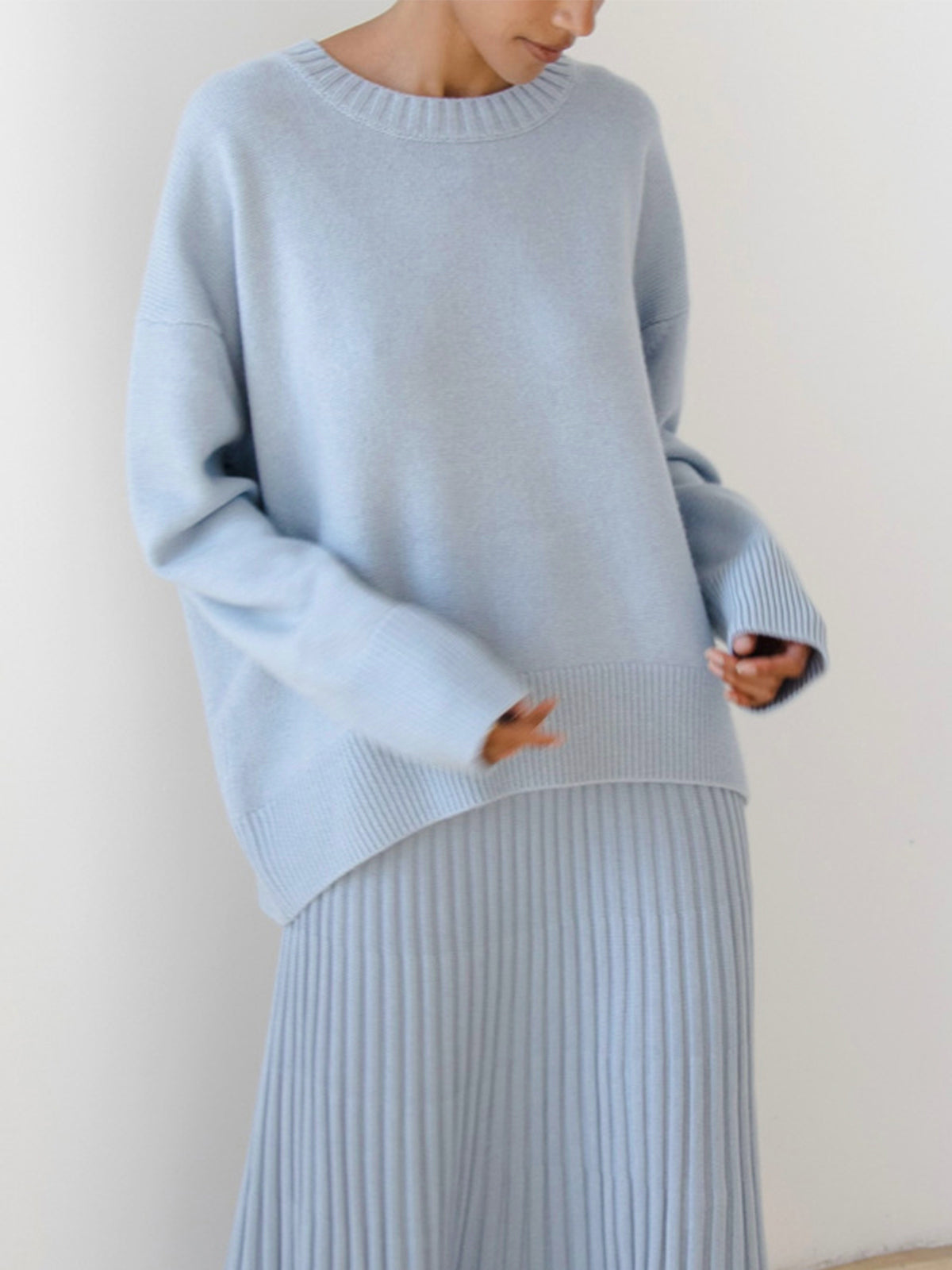 Women's Oversized Crewneck Knit Sweater in White color.