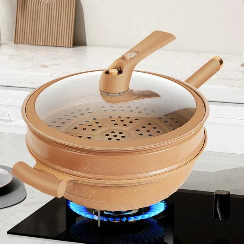 Multifunctional Wok Pan with Nonstick Coating – Nonstick Wok for Stir Fry, Steaming & Simmering, Less Oil – CookFlex