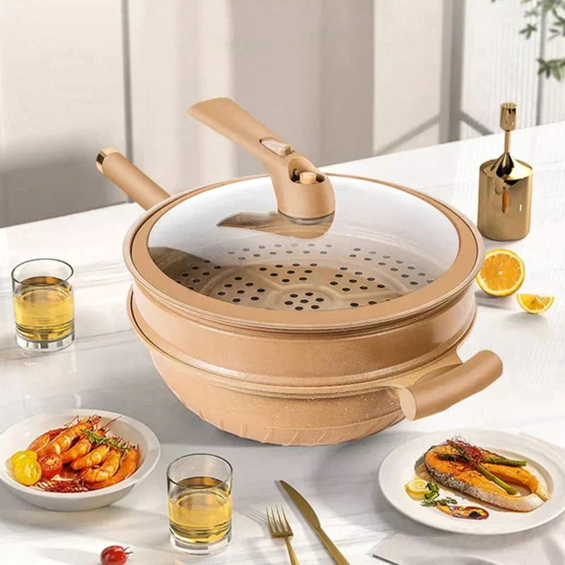 Multifunctional Wok Pan with Nonstick Coating – Nonstick Wok for Stir Fry, Steaming & Simmering, Less Oil – CookFlex