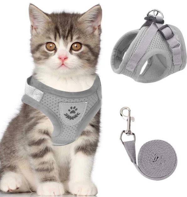 Reflective Cat Harness and Leash – Adjustable Breathable Mesh Harness for Cats & Kittens, XS-XL, 4 Colors Gray
