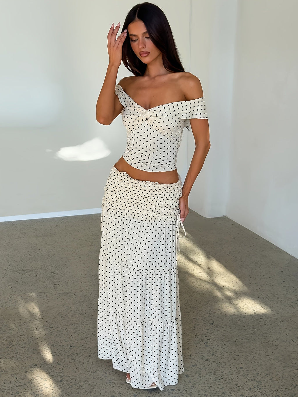 Ēden | Polka-Dot Two-Piece Set for Women – Off-Shoulder Set with Maxi Skirt