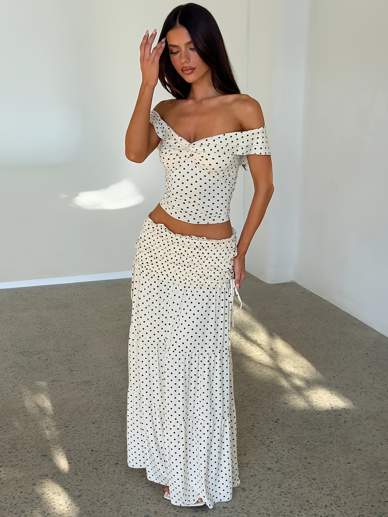 Ēden | Polka-Dot Two-Piece Set for Women – Off-Shoulder Set with Maxi Skirt