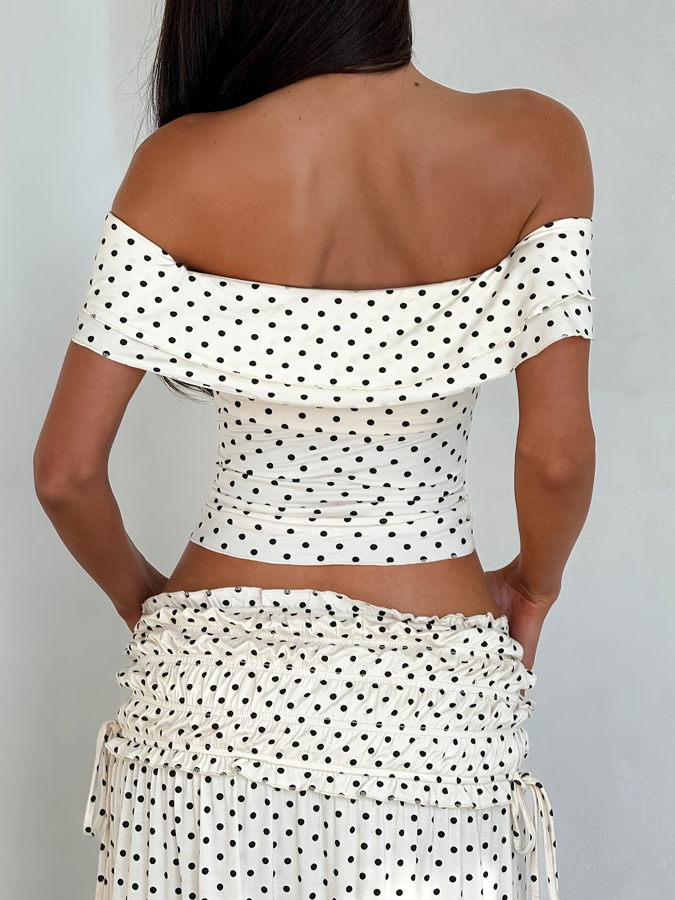 Ēden | Polka-Dot Two-Piece Set for Women – Off-Shoulder Set with Maxi Skirt