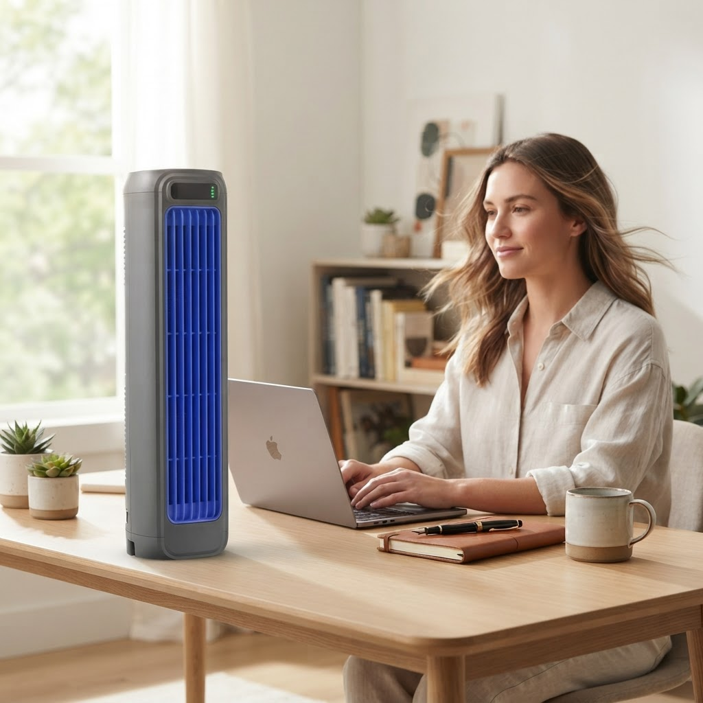Portable Tower Fan – 2000mAh Quiet Bladeless Circulating Fan, Wall-Mount & Desktop Cooling Fan, 3 Speeds 1