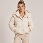 Quilted Puffer Jacket Women with Oversized Hood Beige