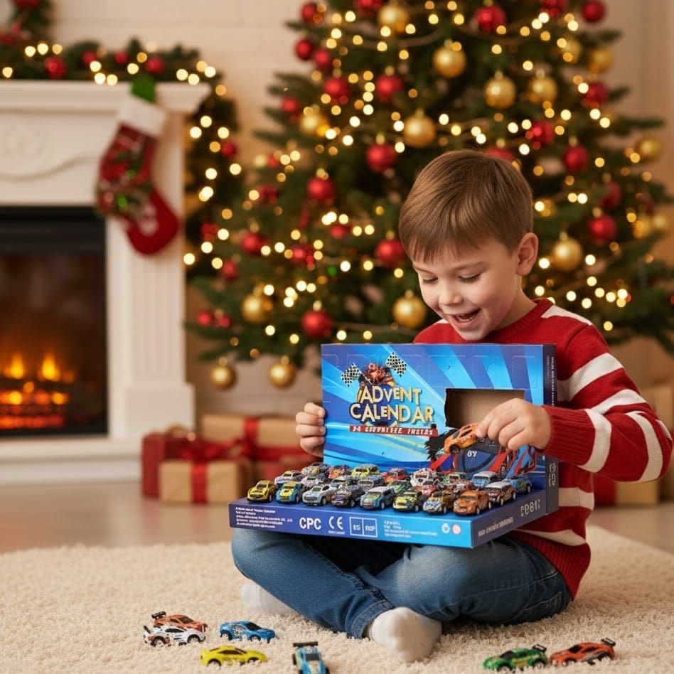 Race Car Advent Calendar for Kids – 24 Mini Racing Cars & Trucks, Christmas Countdown, Ages 3+