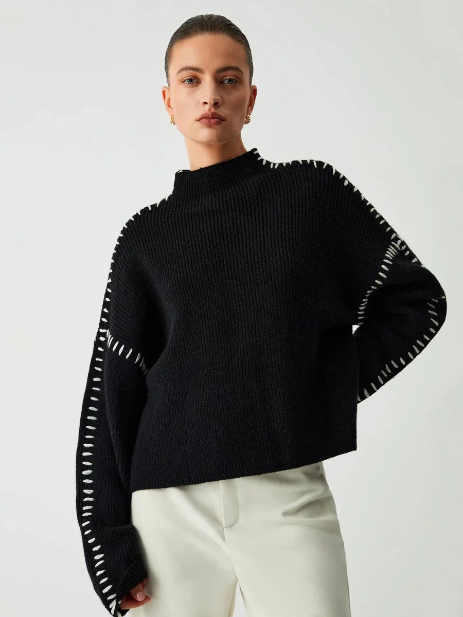 Women's Ribbed Mock Neck Whipstitch Sweater for Casual Comfort Black