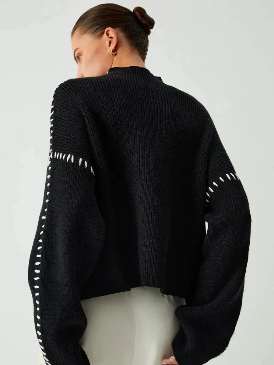 Women's Ribbed Mock Neck Whipstitch Sweater for Casual Comfort