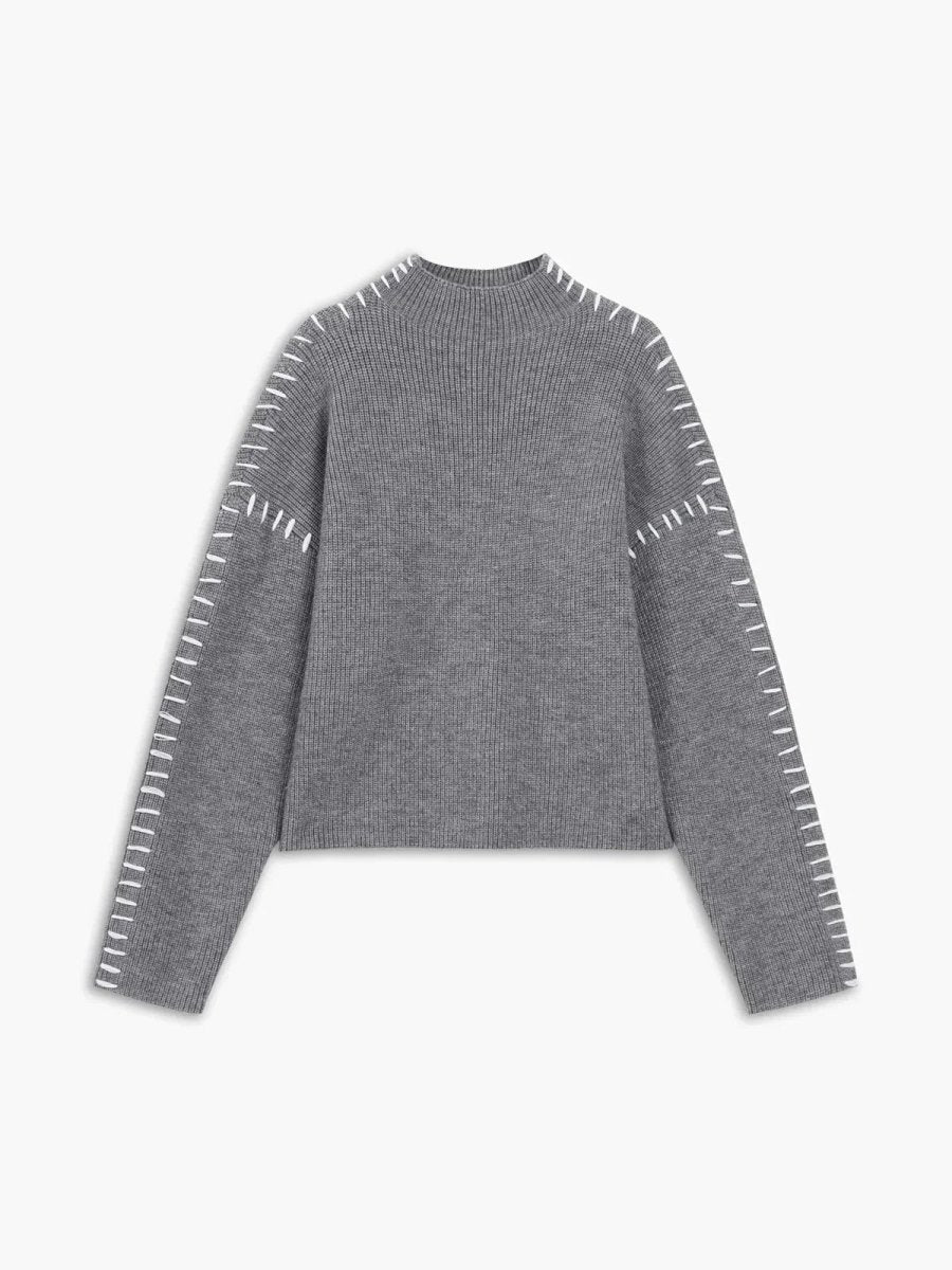 Women's Ribbed Mock Neck Whipstitch Sweater for Casual Comfort Grey
