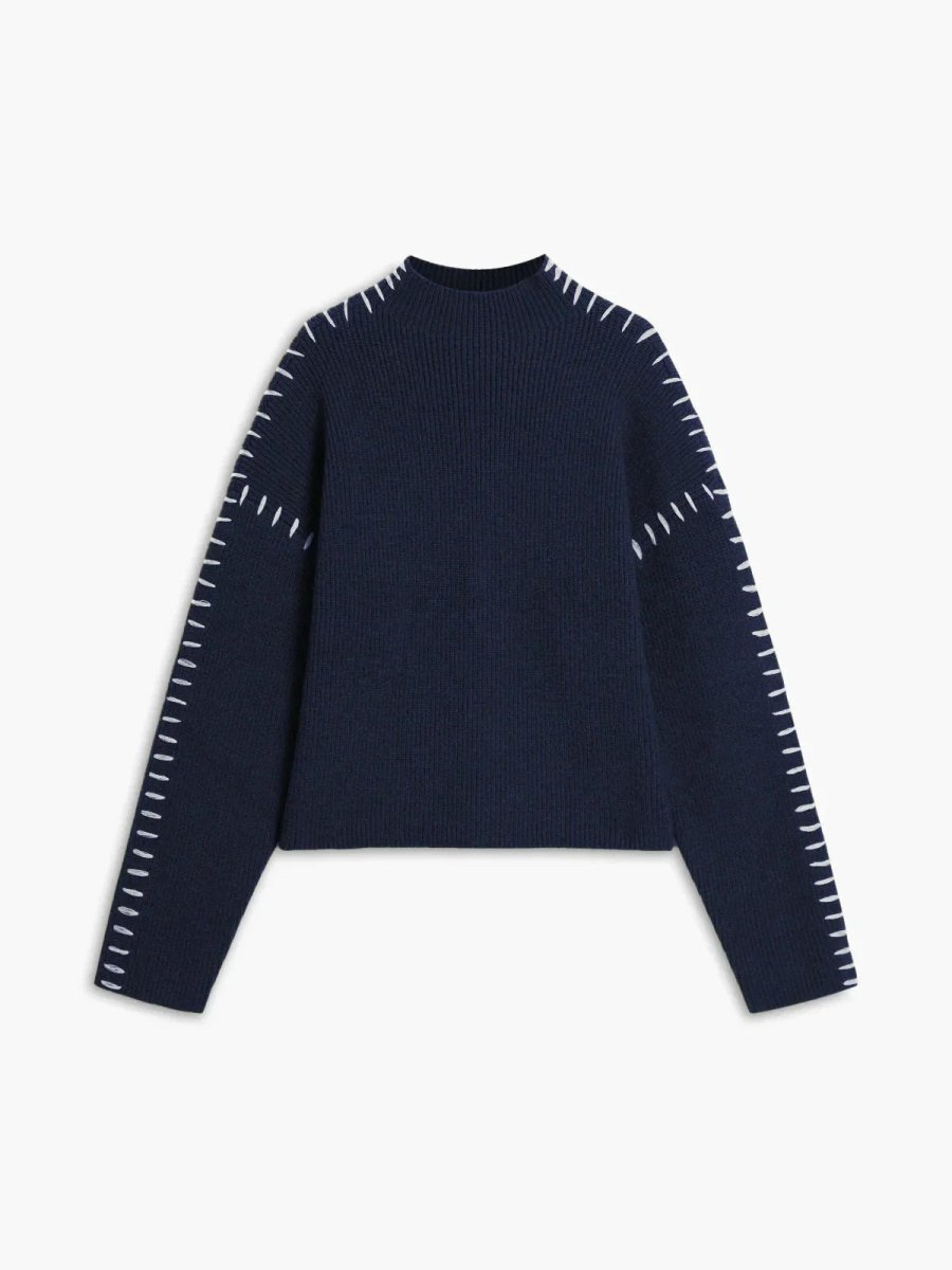 Women's Ribbed Mock Neck Whipstitch Sweater for Casual Comfort Navy