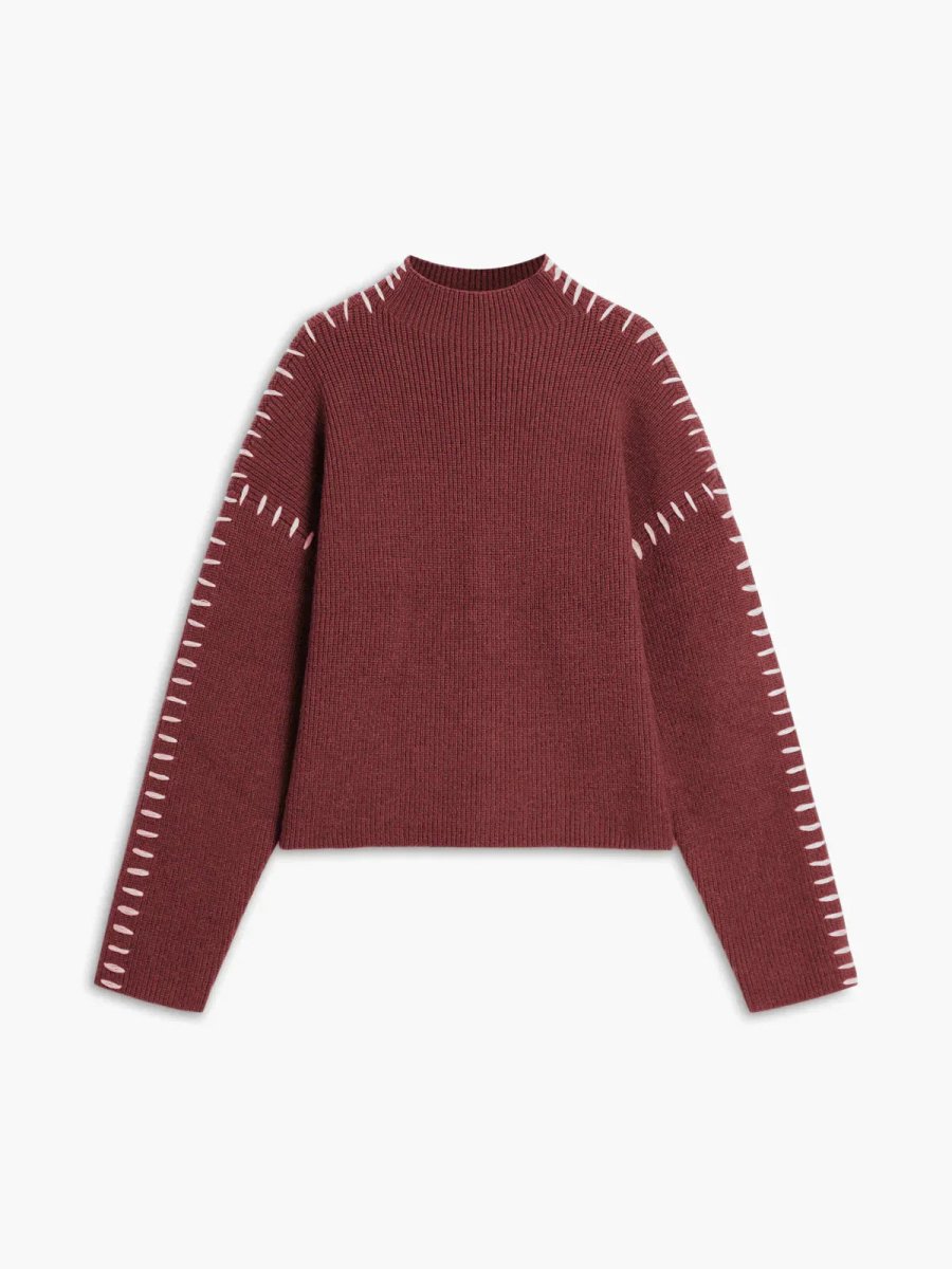Women's Ribbed Mock Neck Whipstitch Sweater for Casual Comfort Red