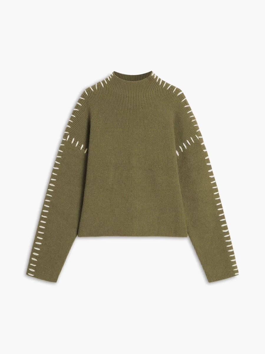 Women's Ribbed Mock Neck Whipstitch Sweater for Casual Comfort Army Green