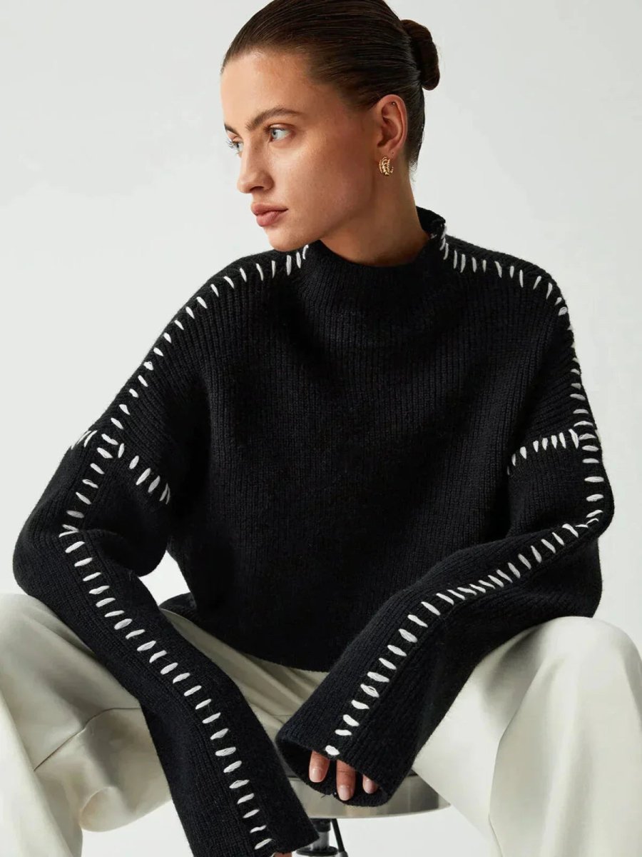 Women's Ribbed Mock Neck Whipstitch Sweater for Casual Comfort