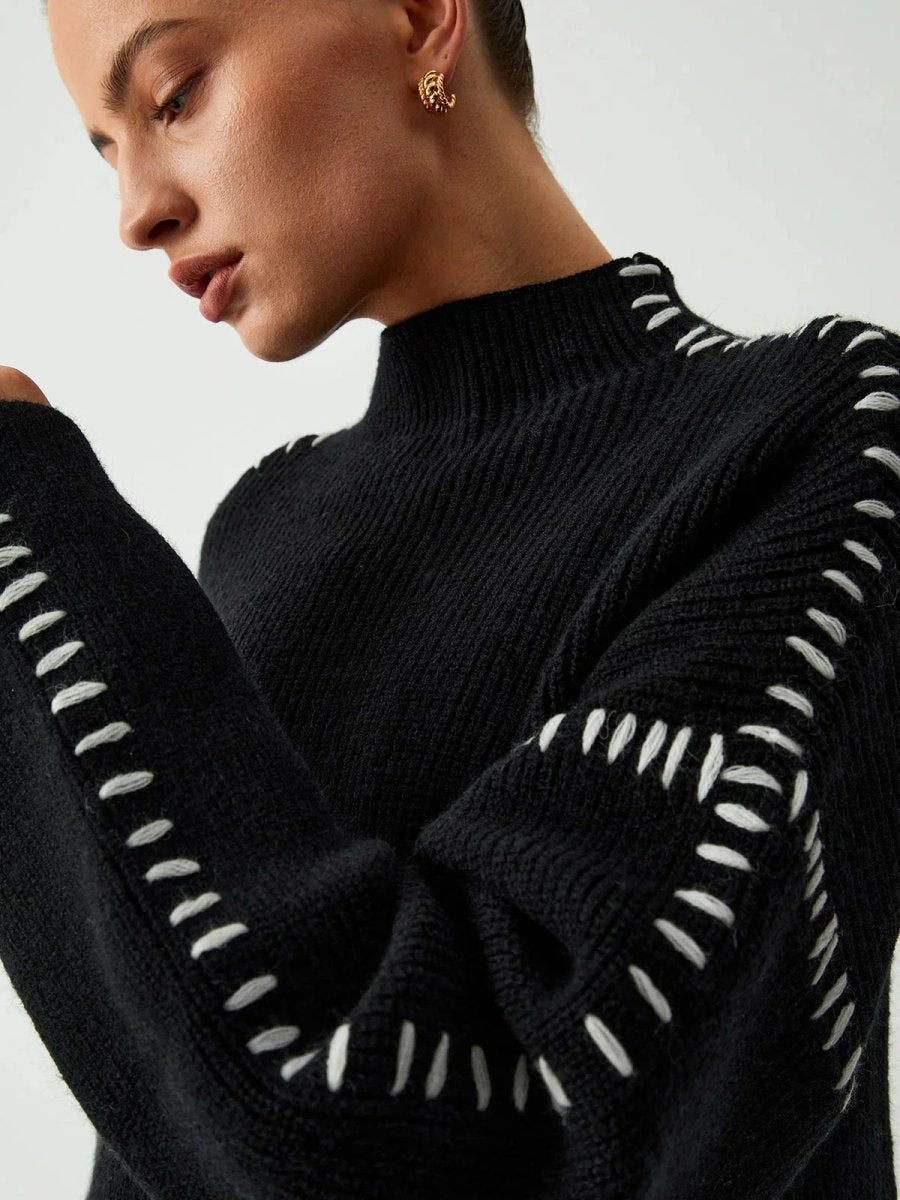 Women's Ribbed Mock Neck Whipstitch Sweater for Casual Comfort