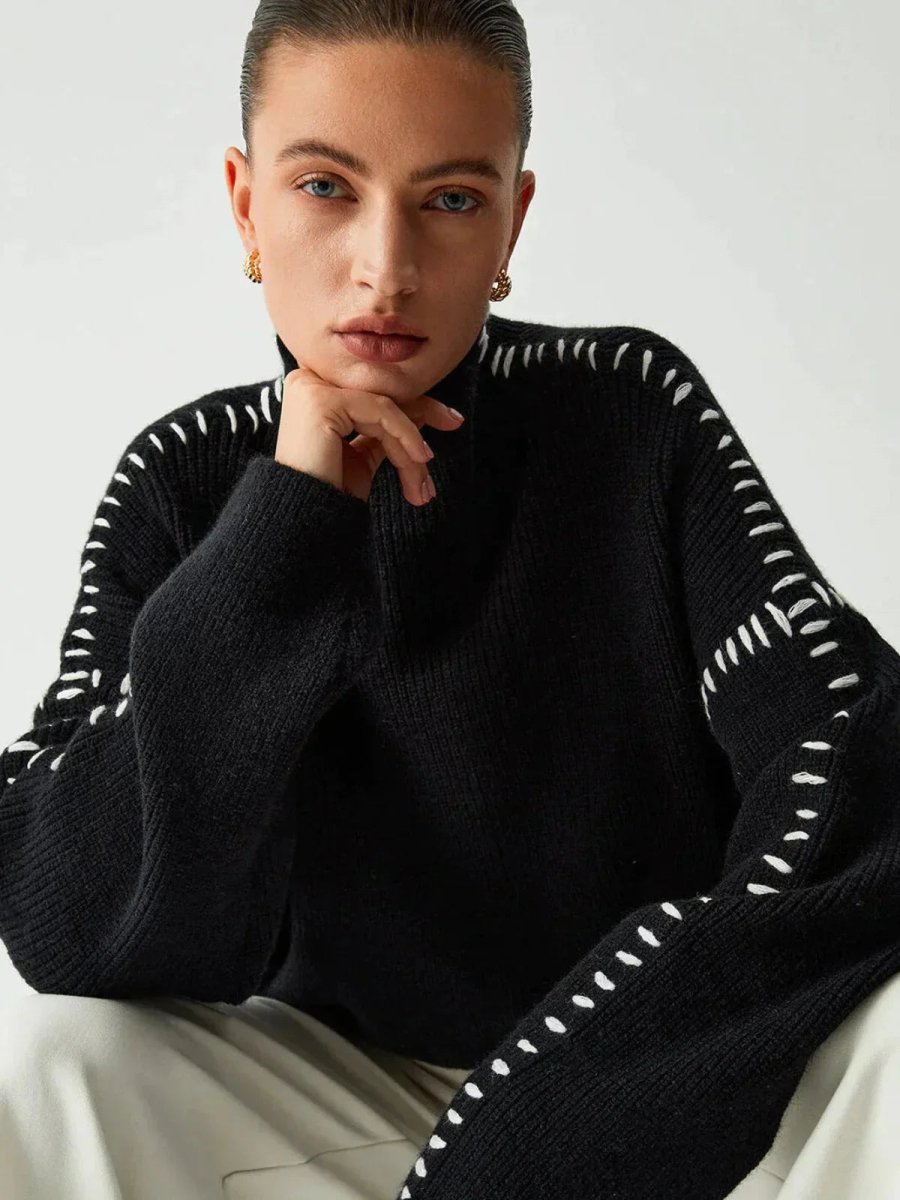 Women's Ribbed Mock Neck Whipstitch Sweater for Casual Comfort